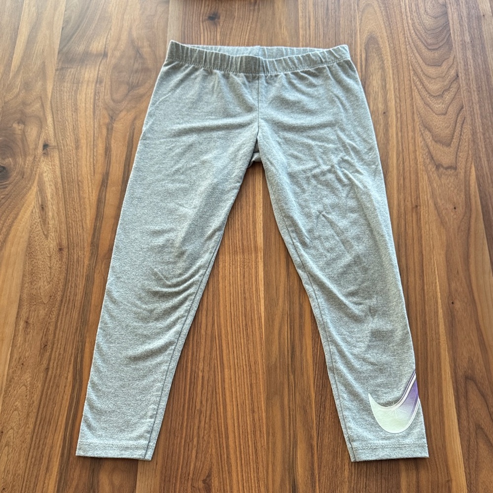 Nike Gray Kids Leggings with Purple Swoosh